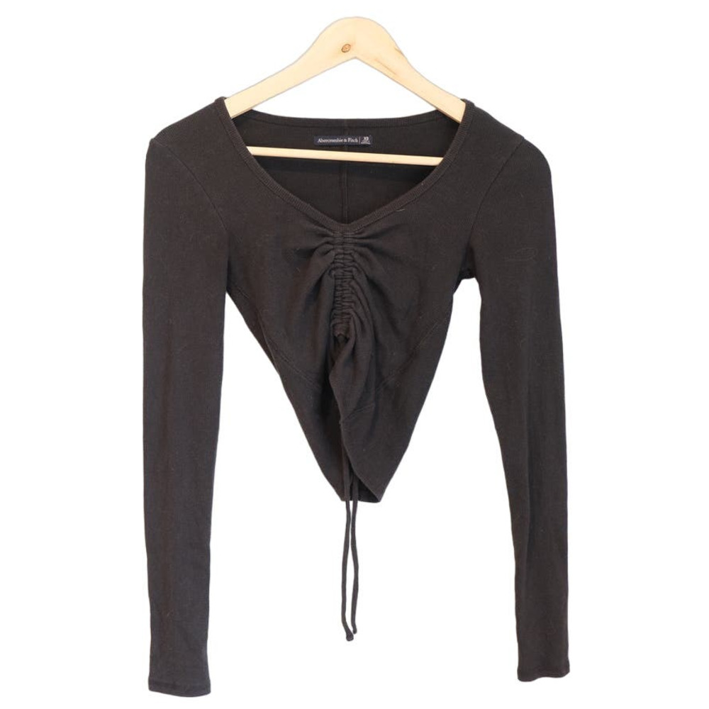 Women Abercrombie & Fitch Black Ruched V-Neck Long Sleeve Crop Top Shirt Size XS